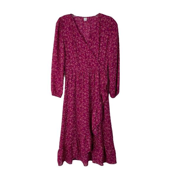 Old Navy pink red tan floral ruffle cottagecore chiffon faux wrap midi dress XS - Picture 1 of 7